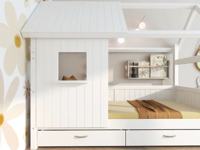 THUKA Nordic Hausbett Romantic mit halb geschlossener Front, Dachpanele und 2 Schubladen weiß