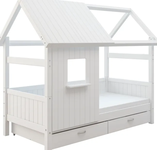THUKA Nordic Hausbett Romantic mit halb geschlossener Front, Dachpanele und 2 Schubladen weiß