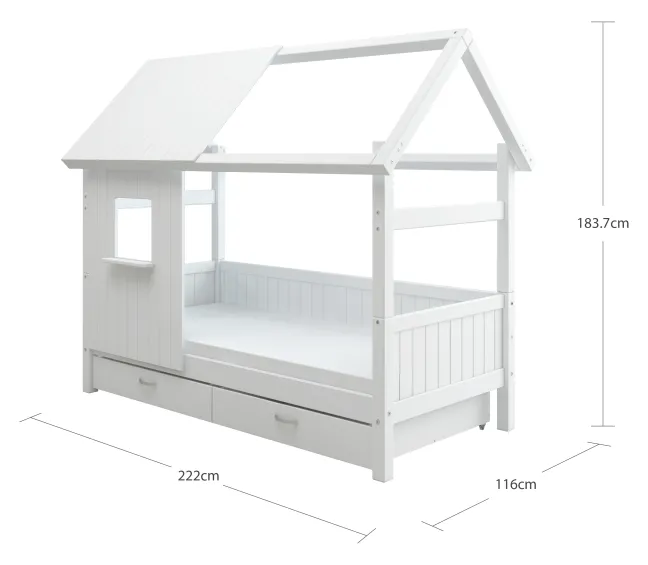 THUKA Nordic Hausbett Romantic mit halb geschlossener Front, Dachpanele und 2 Schubladen weiß